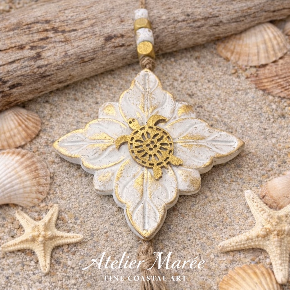 Atelier Marée Coastal Medallion | White and Gold with Gold  Turtle NWT